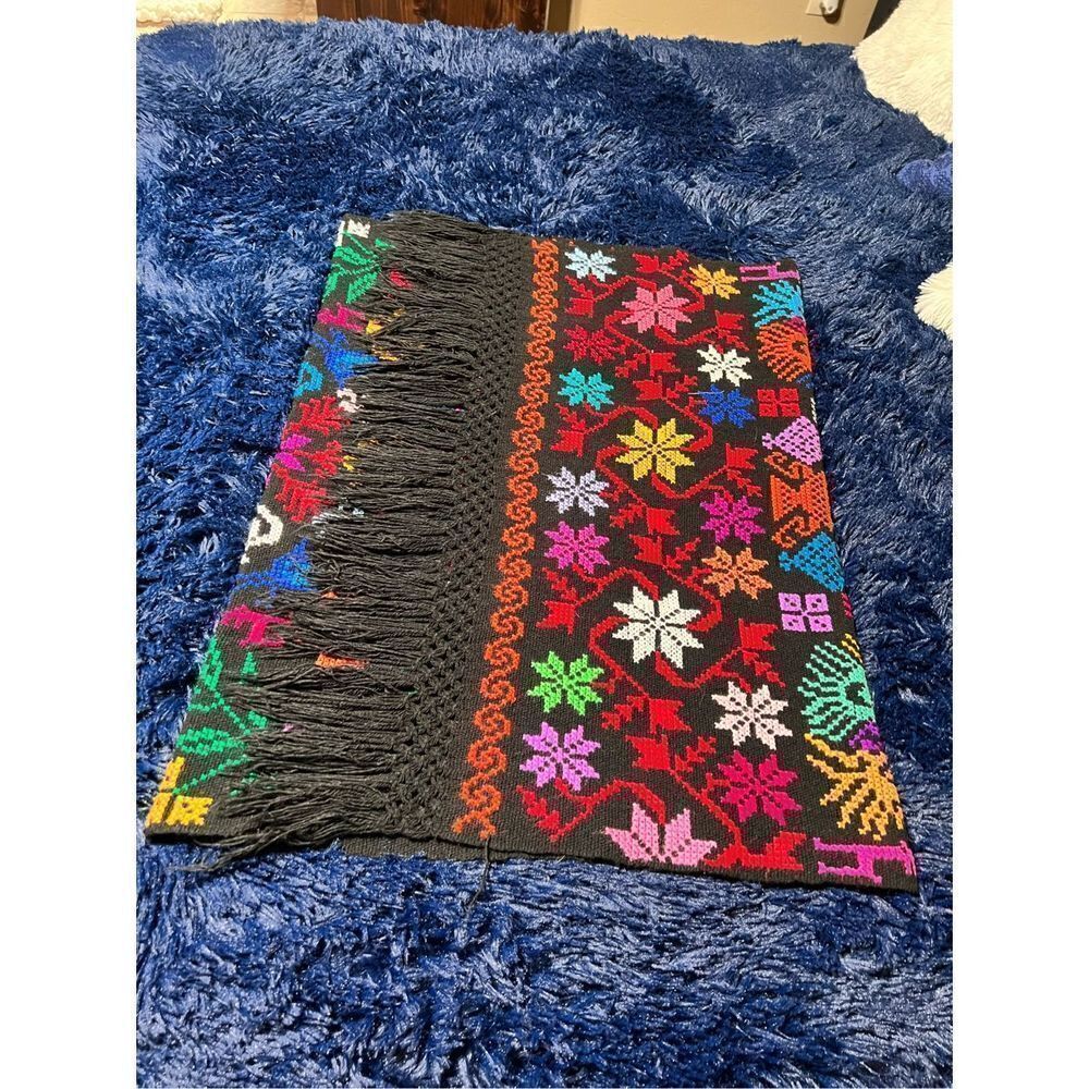 Camelia Mexican Shawl Colorful Embroidery Art Black Floral Peacock Design